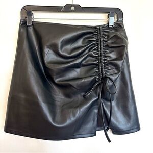 Olia Black Bubble Vegan Leather Mini Skirt with Ruched Tie Front Size Medium